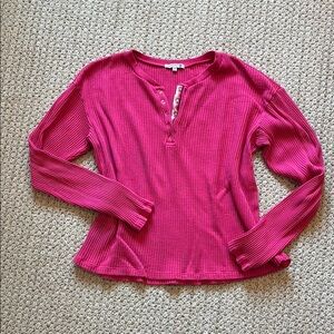 Sundry Raspberry Waffle Knit Henley Long Sleeve Top